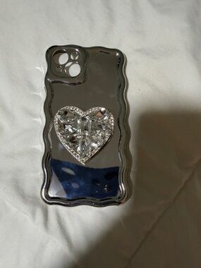 Silver Rhinestone Heart Bling Phone Case - iPhone 14 Pro Max